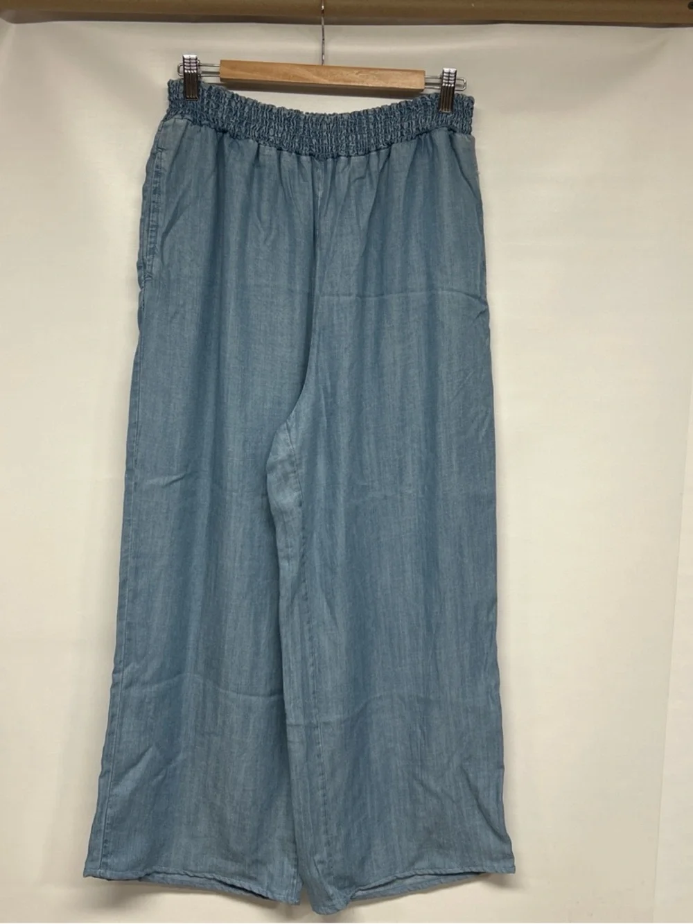 Denim Light Blue Smocked Waist Wide Leg Pants - Picture 1 of 4